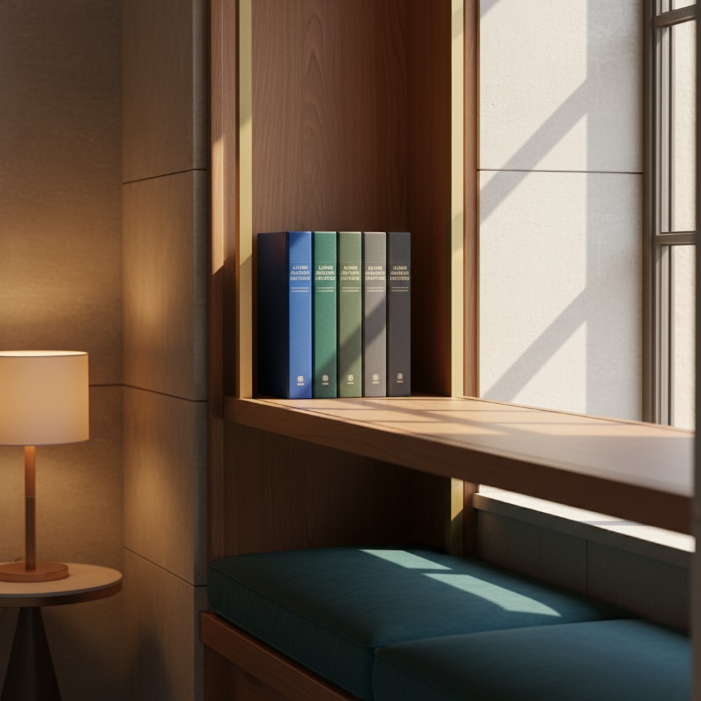 Text of a cozy built-in study nook with a window seat that's a style of bench called a "bunk bed" and a side lamp.