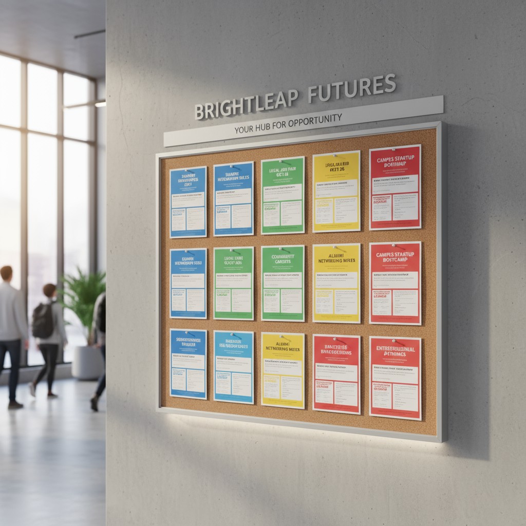 Brightleap Futures bulletin board in the hall of an office or educational institution displaying numerous informational po...