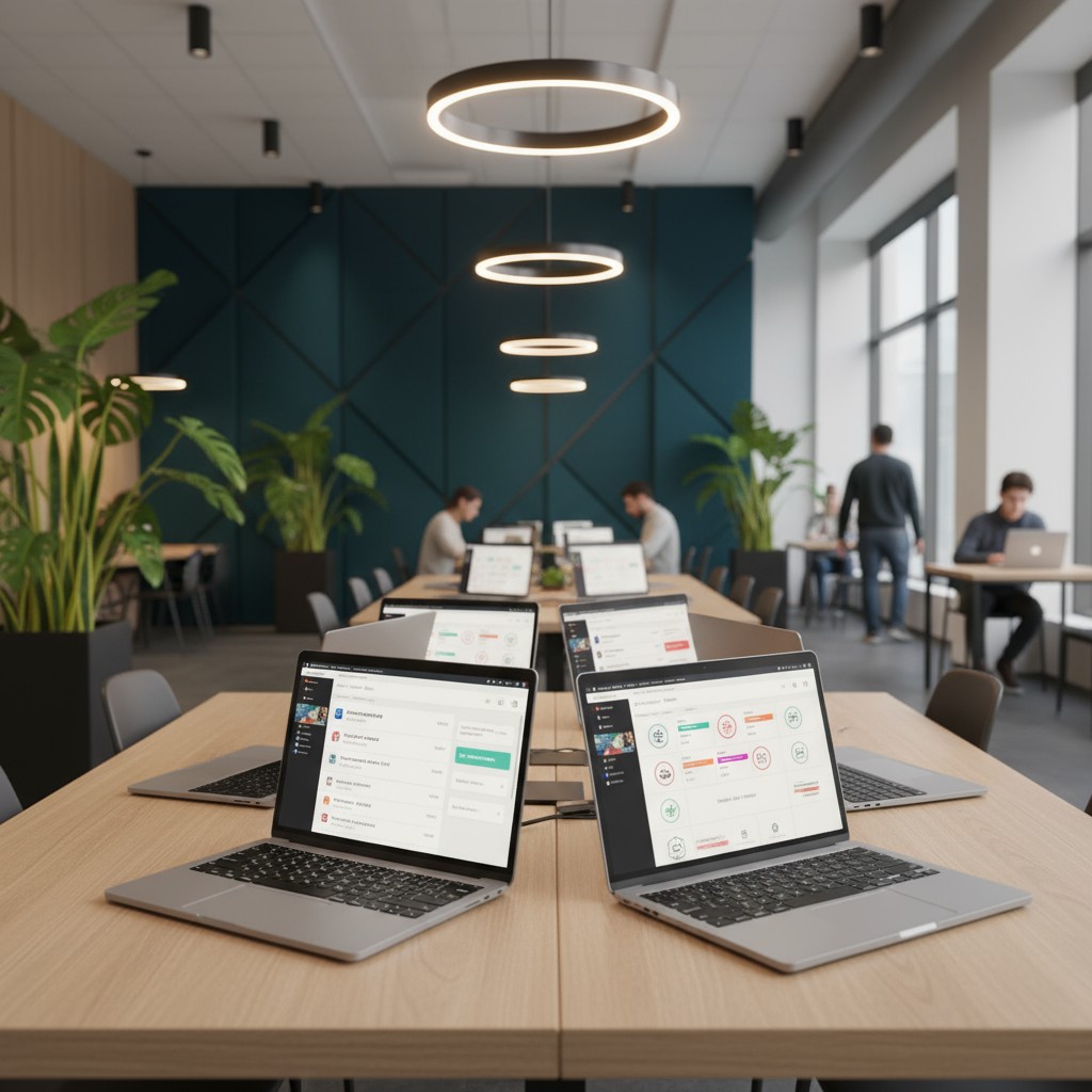office meeting with several computers on table that are likely having an AI discussion, two large plants, and several empl...
