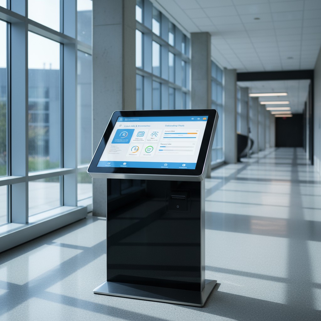 Maximum security hospital kiosk in brightly lit corridor.